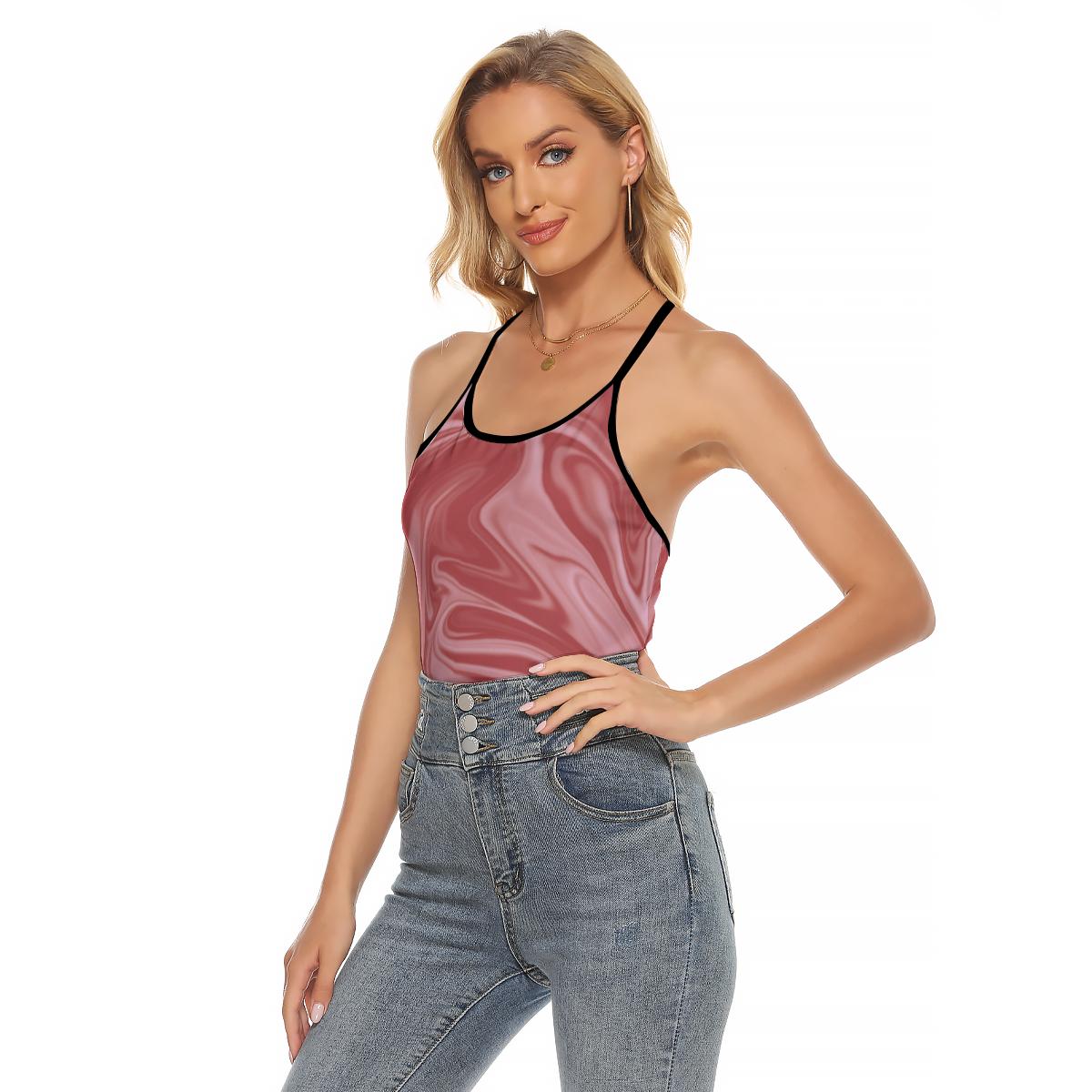 Pink Wine Red Print Women's Lace Camisole Crop Top, Abstract