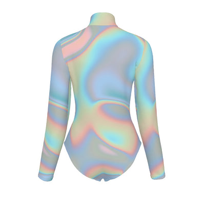 Ombre Iridescence Holographic Abstract Cloud Print Women's Turtleneck Long Sleeve Bodysuit - kayzers