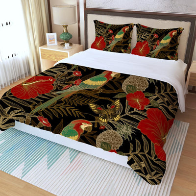 Floral Tropical Macaw Bird Print Three Piece Duvet Cover Set