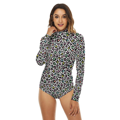 Colorful Leopard Animal Print Women's Turtleneck Long Sleeve Bodysuit - kayzers