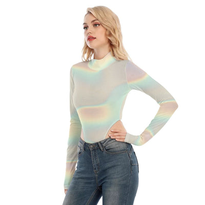 Meringue Ombre Holographic Design Print Women's Turtleneck Long Sleeve Jumpsuits - kayzers