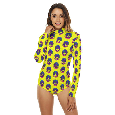 Peace Sign Print Women's Turtleneck Long Sleeve Bodysuit - kayzers