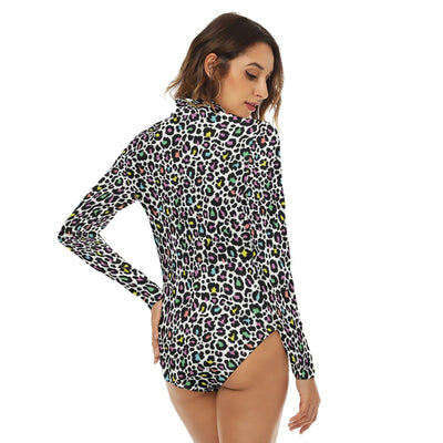 Colorful Leopard Animal Print Women's Turtleneck Long Sleeve Bodysuit - kayzers