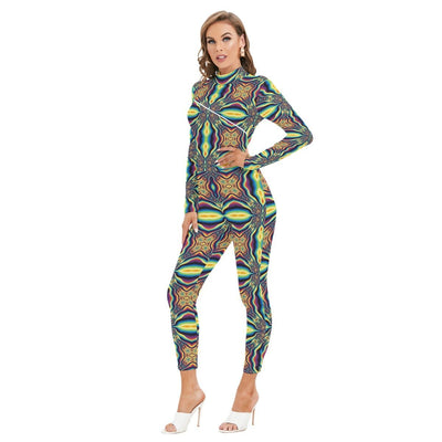 Psychedelic Art DMT Trippy Festival Print Women's Long-sleeved High-neck Playsuit With Zipper - kayzers