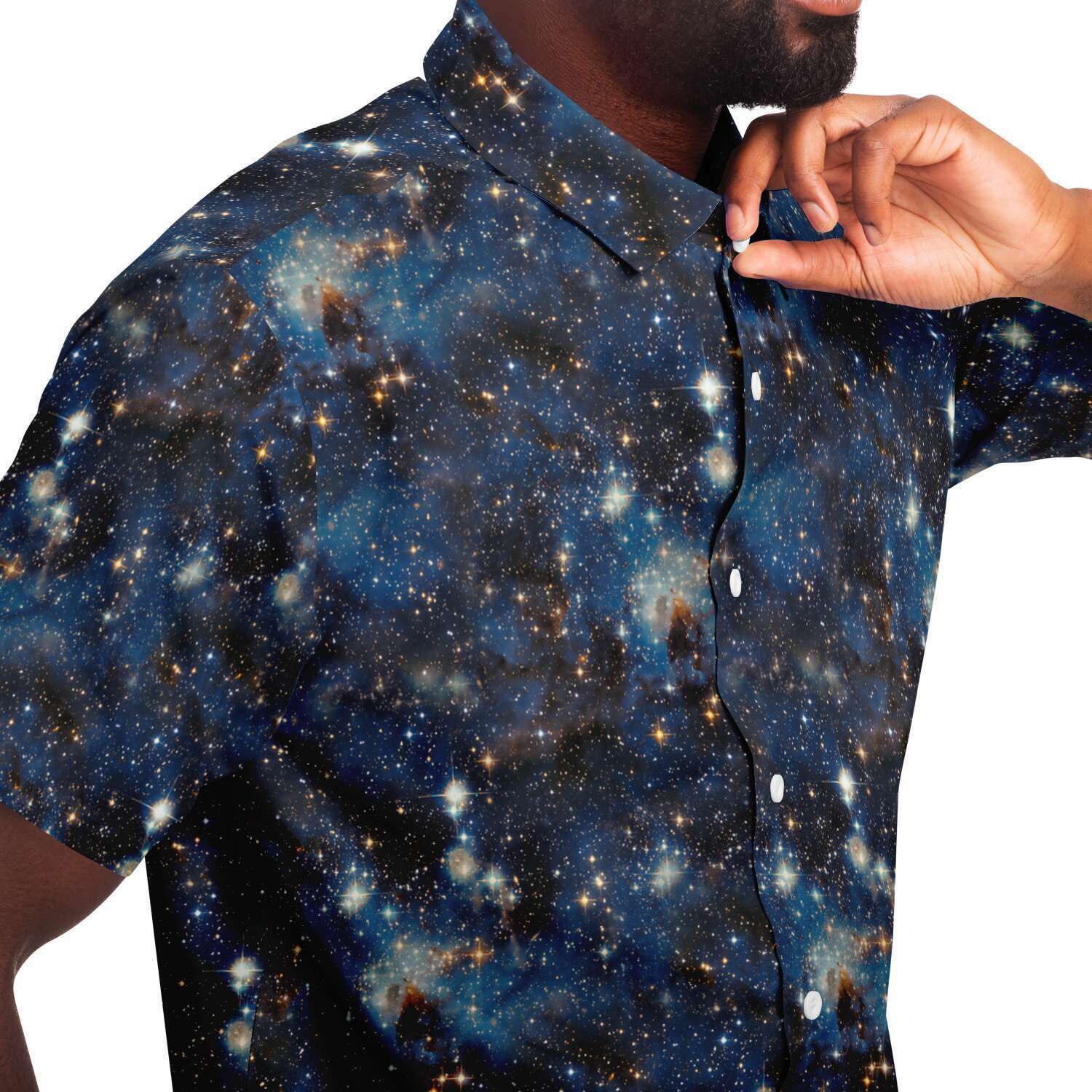 Blue Black Galaxy Space Print Button Down Short Shirt | kayzers