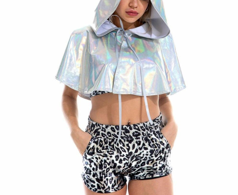 Festival Cape Rave Metallic Holographic Hooded Bikini Hoodie Crop Top Bra  Outfit