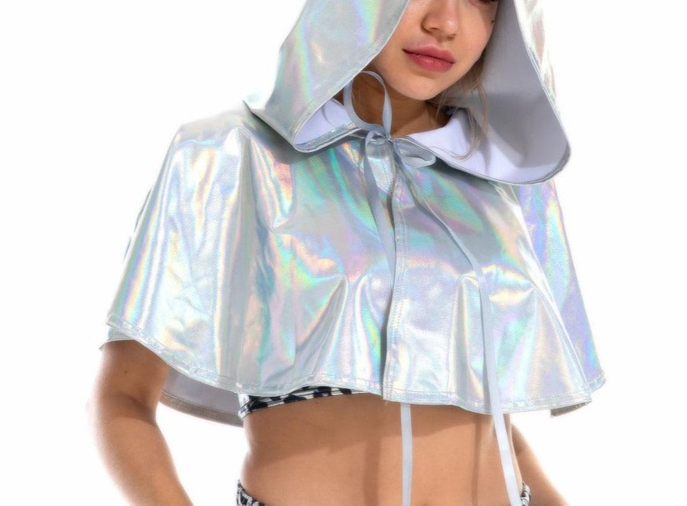 Festival Cape Rave Metallic Holographic Hooded Bikini Hoodie Crop Top Bra  Outfit