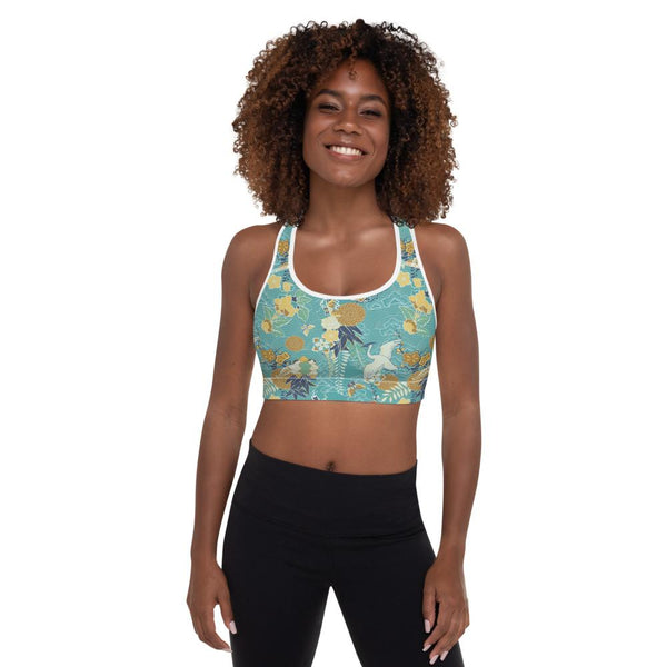 Oriental Japanese Waves Floral Print Padded Sports Bra