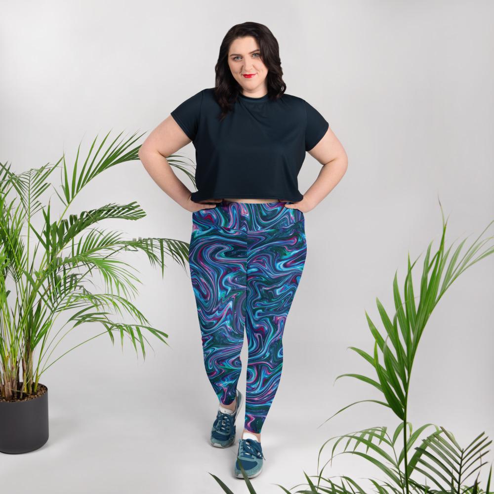 Blue Green Liquid Magma Plasma Psychedelic Swirls Trippy Print Plus Size  Leggings