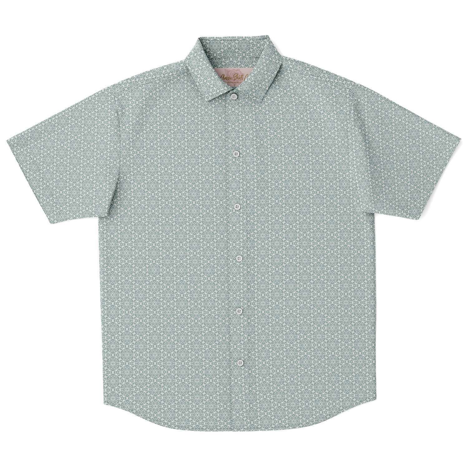 Sage Green Floral Geometric Print Men's Short Sleeve Button Down Shirt, S